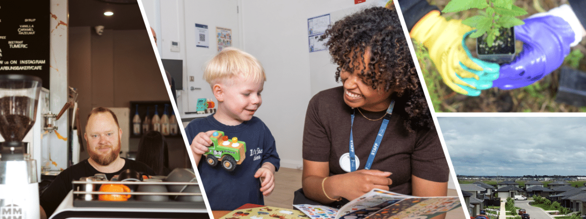 Collage of pictures including a man making a coffee and maternal health nurse reading with a child.